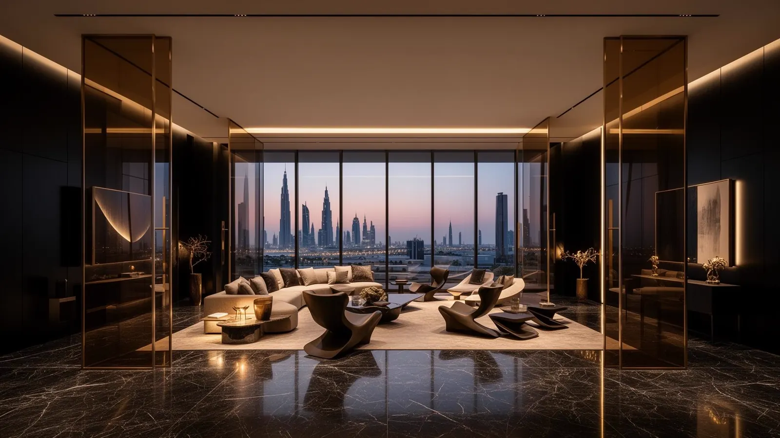Luxury villa interior at dusk